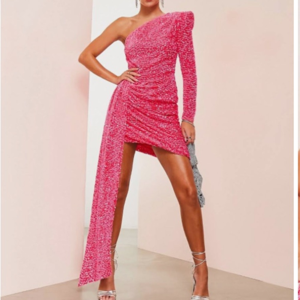 ASOS LUXE One Shoulder Asymmetric Draped Mini Dress in pink sequin, 4